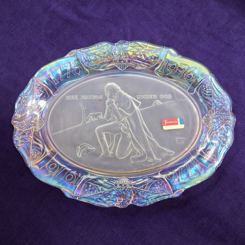 Vintage Fostoria Glass "One Nation Under God" Iridescent Plate 1976 Bicentennial